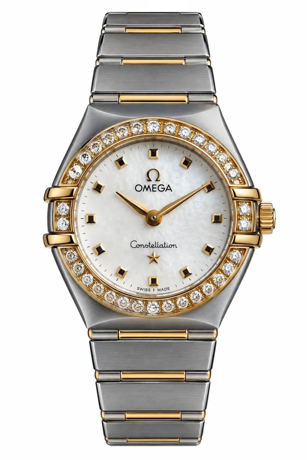 ساعت مچی زنانه امگا 22.5 میلیمتری وسط میخ طلا صفحه صدف زه برلیان Omega Constellation مدل k-1365.71.00-56966968