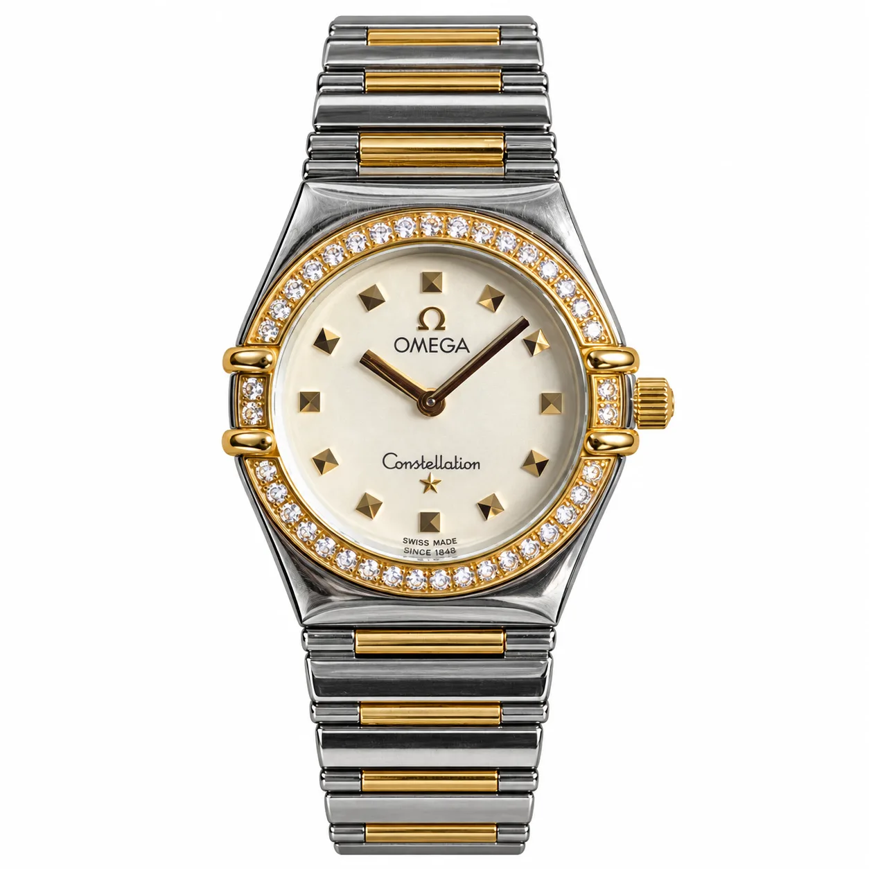 ساعت مچی زنانه امگا 25.5 میلیمتری وسط میخ طلا دور برلیان Omega Constellation مدل k-1376.71.00-57042522