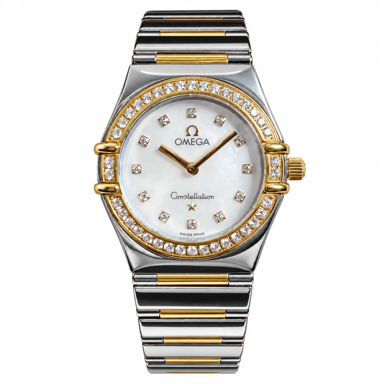 ساعت مچی زنانه امگا 25.5 میلیمتری وسط میخ طلا صفحه صدف تمام برلیان Omega Constellation مدل k-1376.71.00-59578940