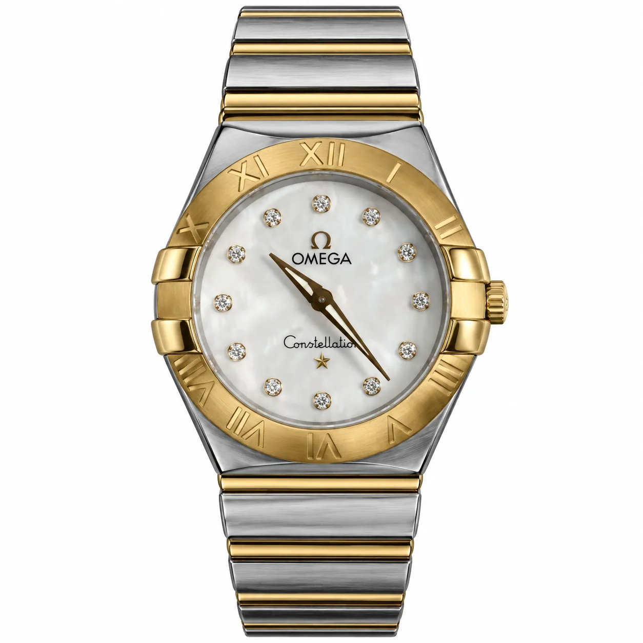 ساعت مچی زنانه امگا 27 میلیمتری تمام میخ طلا صفحه صدف برلیان Omega Constellation مدل k-123.20.27.60.55.002-91518128